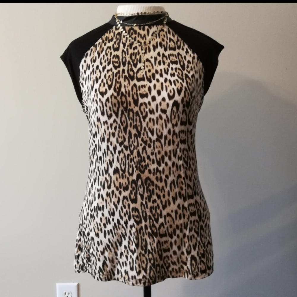 Guess Animal Print Top with Faux Leather